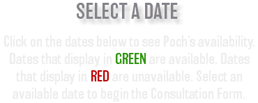 ﷯ Click on the dates below to see Poch’s availability. Dates that display in GREEN are available. Dates that display in RED are unavailable. Select an available date to begin the Consultation Form. 